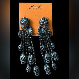 Natasha Couture Gunmetal Black Crystal Skull Tassel Earrings